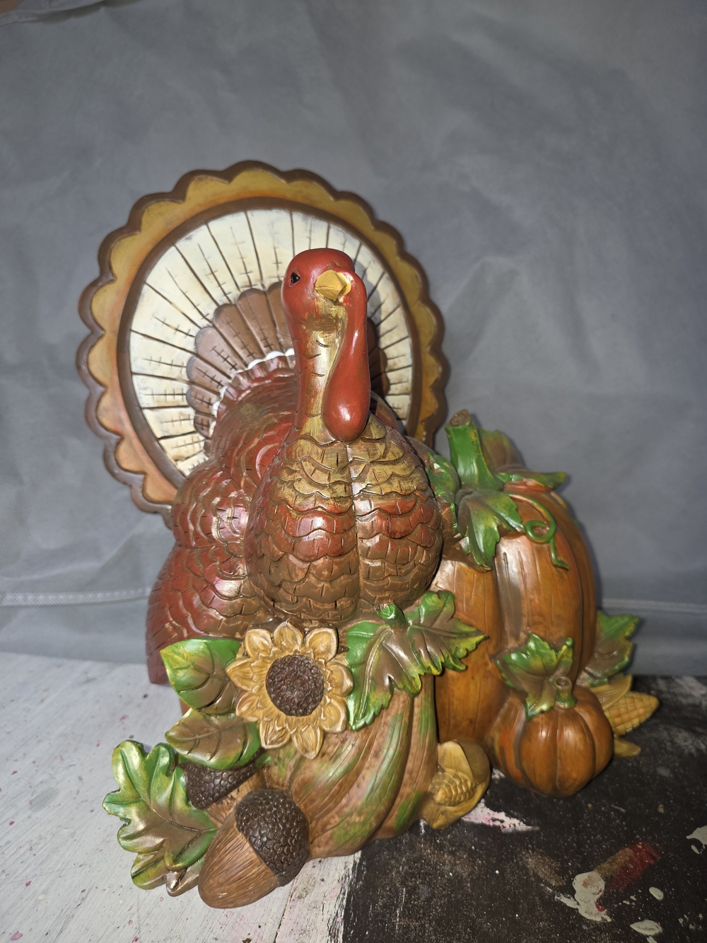 Autumn Plasyic Turkey Figurine with Pumpkins and Sunflower